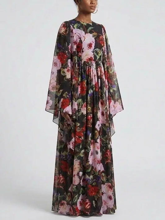 Floral Chiffon Cape Sleeve Maxi Dress - Dresses