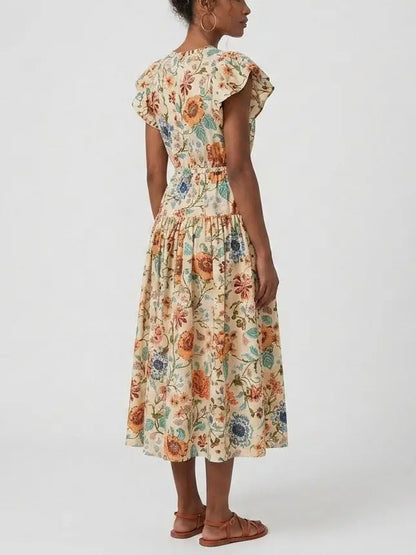 Floral Cotton Midi Dress with Flutter Sleeves - Dresses