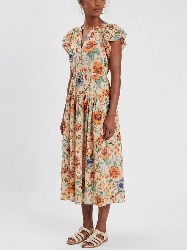 Floral Cotton Midi Dress with Flutter Sleeves - Dresses