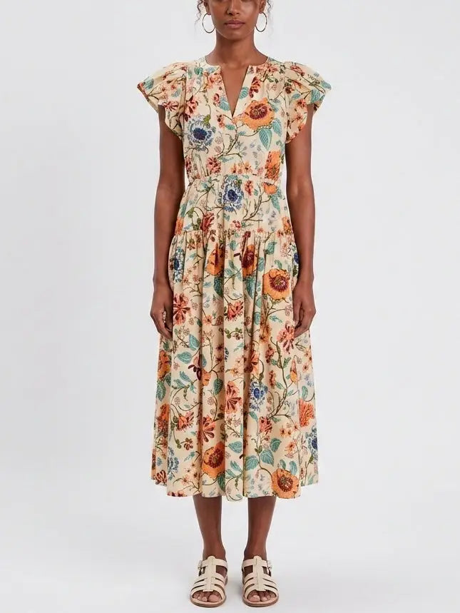 Floral Cotton Midi Dress with Flutter Sleeves - Dresses