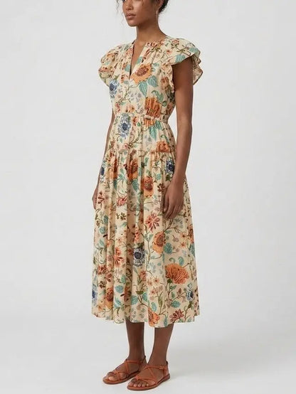 Floral Cotton Midi Dress with Flutter Sleeves - Dresses