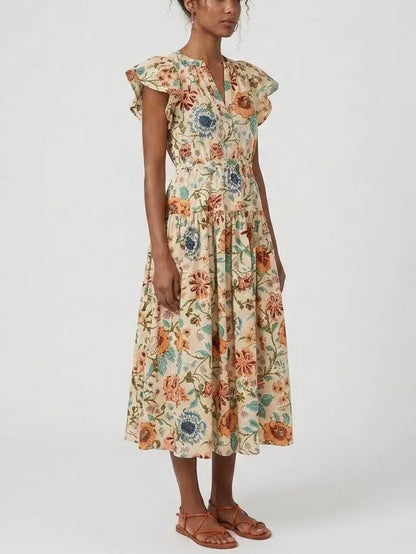 Floral Cotton Midi Dress with Flutter Sleeves - Dresses