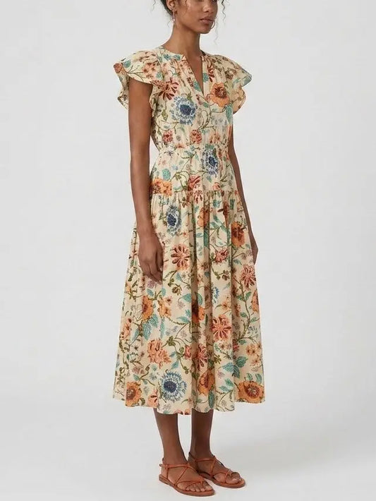 Floral Cotton Midi Dress with Flutter Sleeves - Dresses