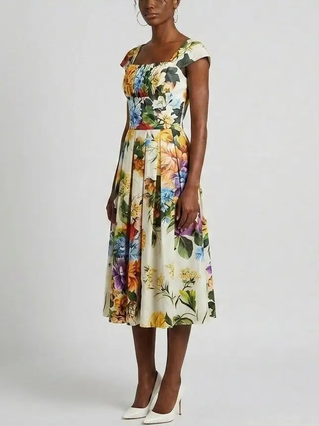 Floral Cotton Midi Dress with Structured Bodice - Dresses
