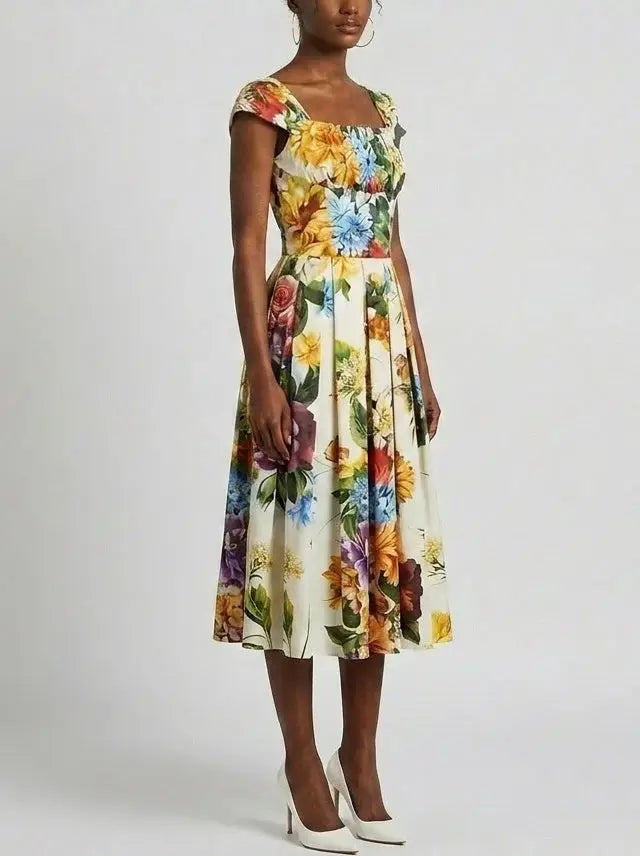 Floral Cotton Midi Dress with Structured Bodice - Dresses