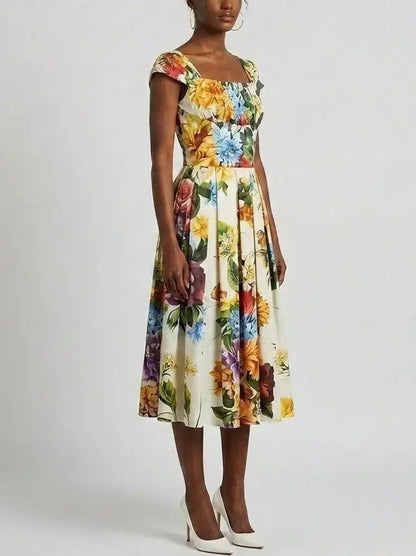 Floral Cotton Midi Dress with Structured Bodice - Dresses