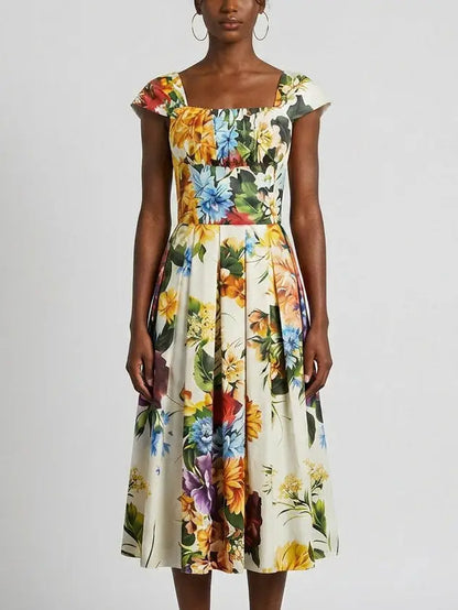 Floral Cotton Midi Dress with Structured Bodice - Dresses