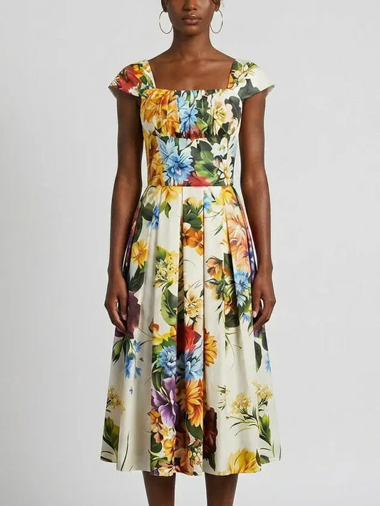 Floral Cotton Midi Dress with Structured Bodice - Dresses