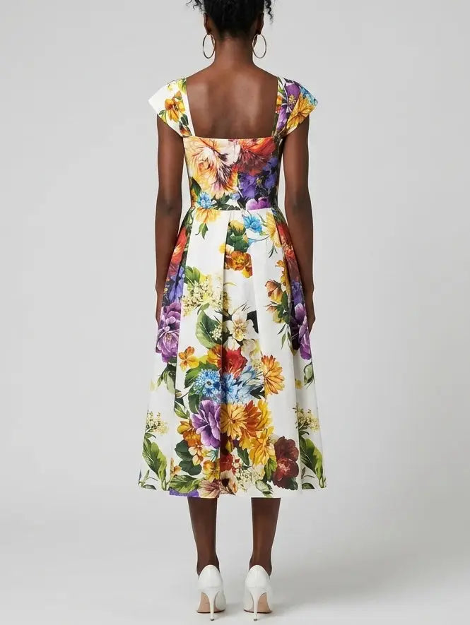 Floral Cotton Midi Dress with Structured Bodice - Dresses