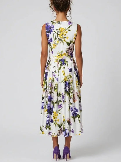 Floral Cotton Sleeveless Midi Dress with Tie Waist - Dresses