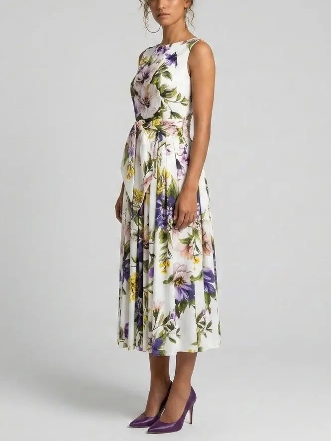 Floral Cotton Sleeveless Midi Dress with Tie Waist - Dresses