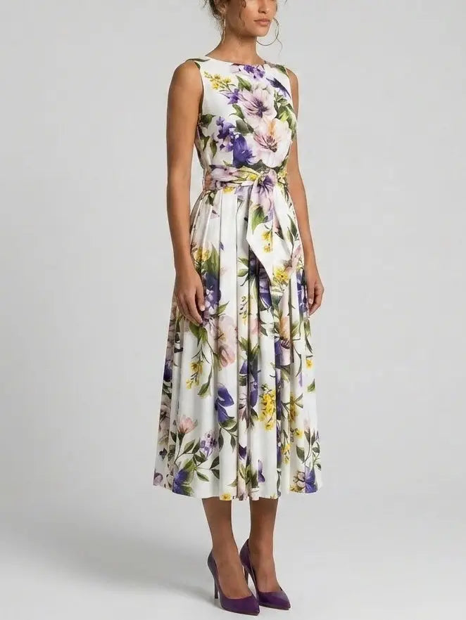 Floral Cotton Sleeveless Midi Dress with Tie Waist - Dresses