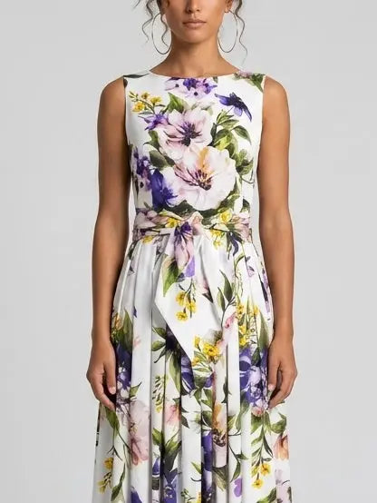 Floral Cotton Sleeveless Midi Dress with Tie Waist - Dresses
