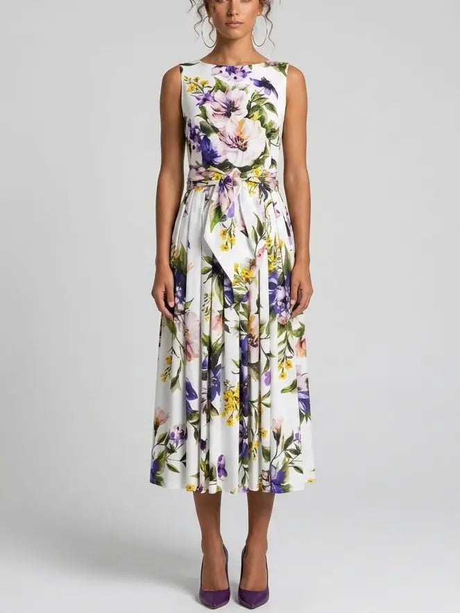 Floral Cotton Sleeveless Midi Dress with Tie Waist - S - Dresses