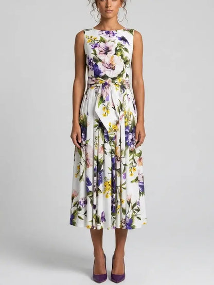 Floral Cotton Sleeveless Midi Dress with Tie Waist - S - Dresses