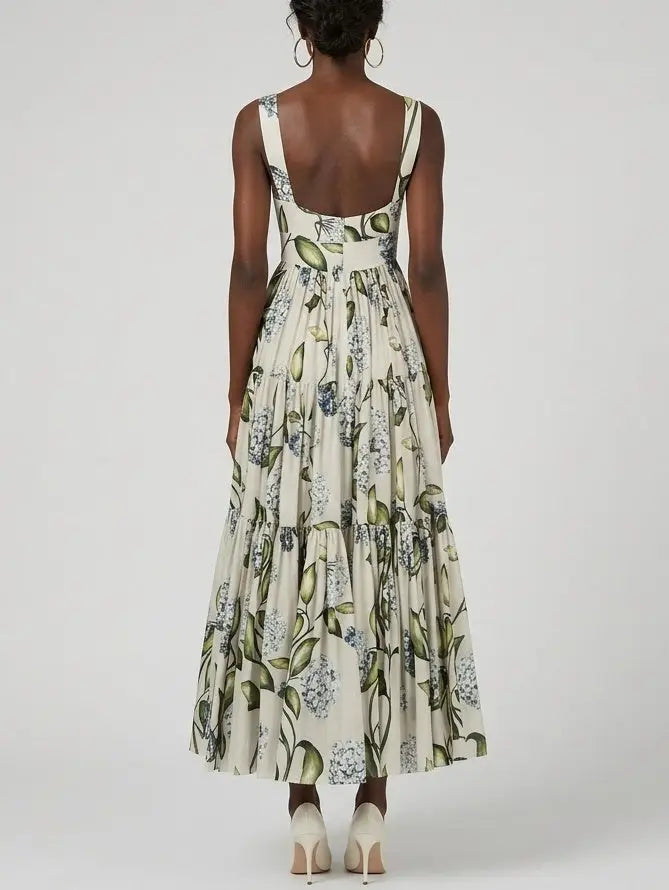 Floral Cotton Tiered Midi Dress with Tie Shoulder Straps - Dresses