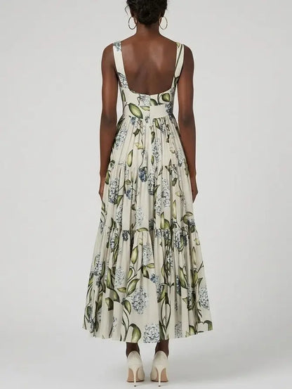 Floral Cotton Tiered Midi Dress with Tie Shoulder Straps - Dresses