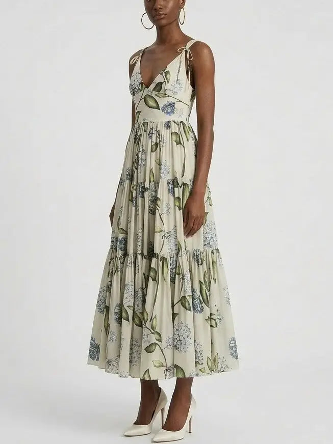 Floral Cotton Tiered Midi Dress with Tie Shoulder Straps - Dresses