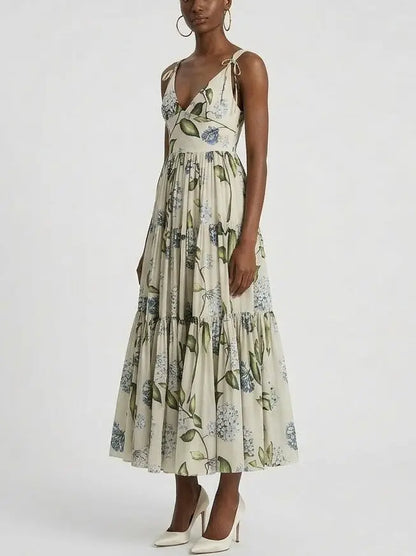 Floral Cotton Tiered Midi Dress with Tie Shoulder Straps - Dresses