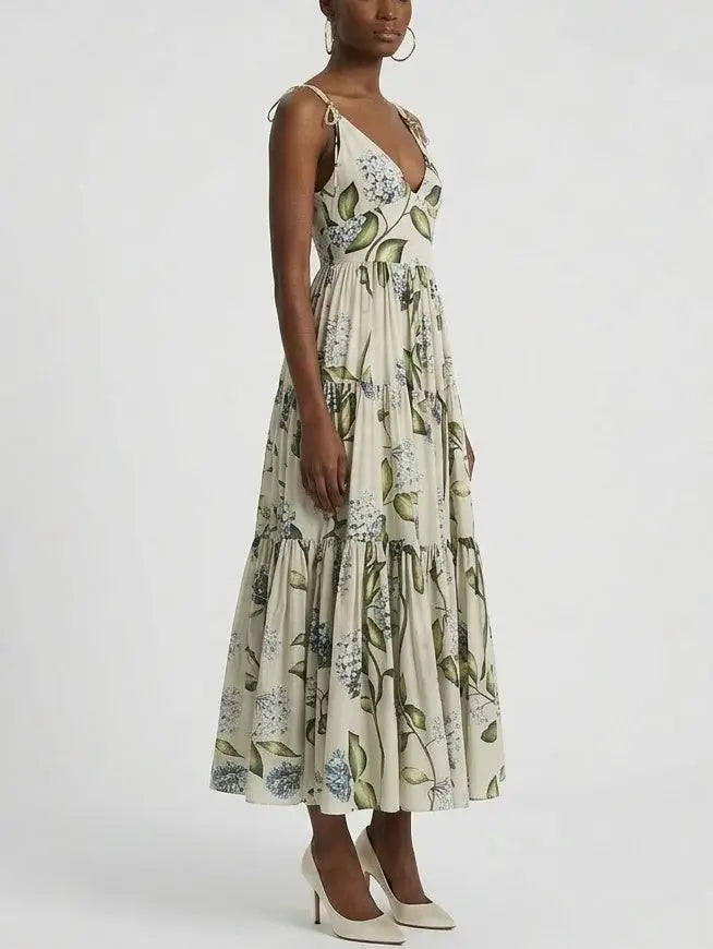 Floral Cotton Tiered Midi Dress with Tie Shoulder Straps - Dresses