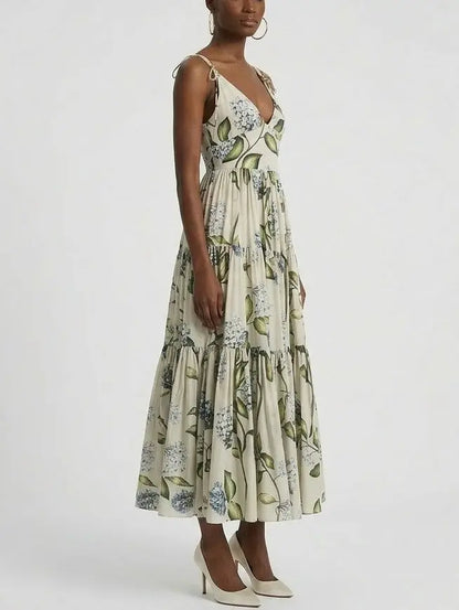 Floral Cotton Tiered Midi Dress with Tie Shoulder Straps - Dresses