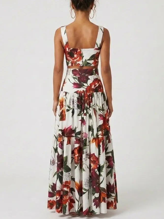 Floral Crop Top and Tiered Maxi Skirt Set - Suits & Sets