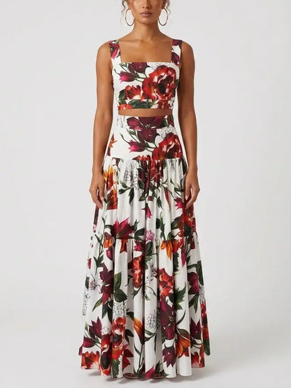 Floral Crop Top and Tiered Maxi Skirt Set - Suits & Sets
