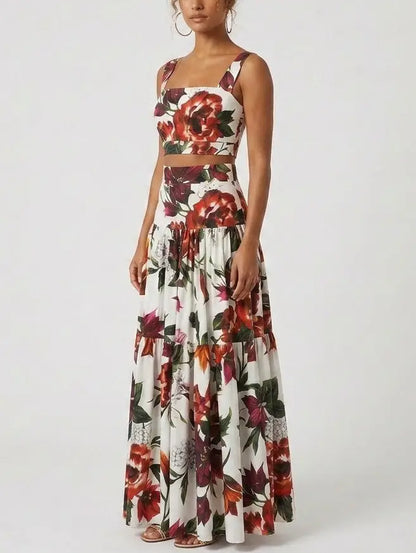 Floral Crop Top and Tiered Maxi Skirt Set - Suits & Sets