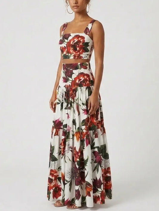 Floral Crop Top and Tiered Maxi Skirt Set - Suits & Sets