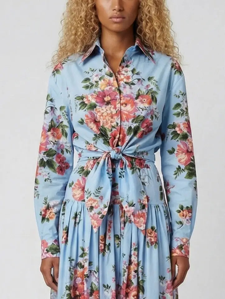 Floral Cropped Tie-Waist Shirt and Skirt Set - Suits & Sets