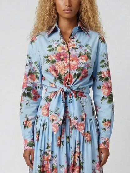 Floral Cropped Tie-Waist Shirt and Skirt Set - Suits & Sets