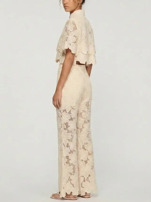 Floral Cutwork Embroidered Top and Pant Set - Suits & Sets