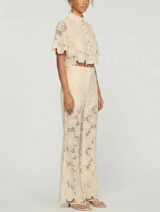 Floral Cutwork Embroidered Top and Pant Set - Suits & Sets