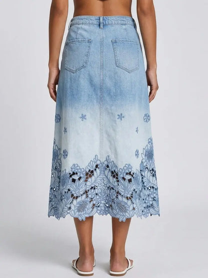 Floral Cutwork Hem Denim Midi Skirt - Skirts