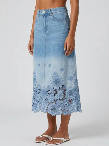 Floral Cutwork Hem Denim Midi Skirt - Skirts