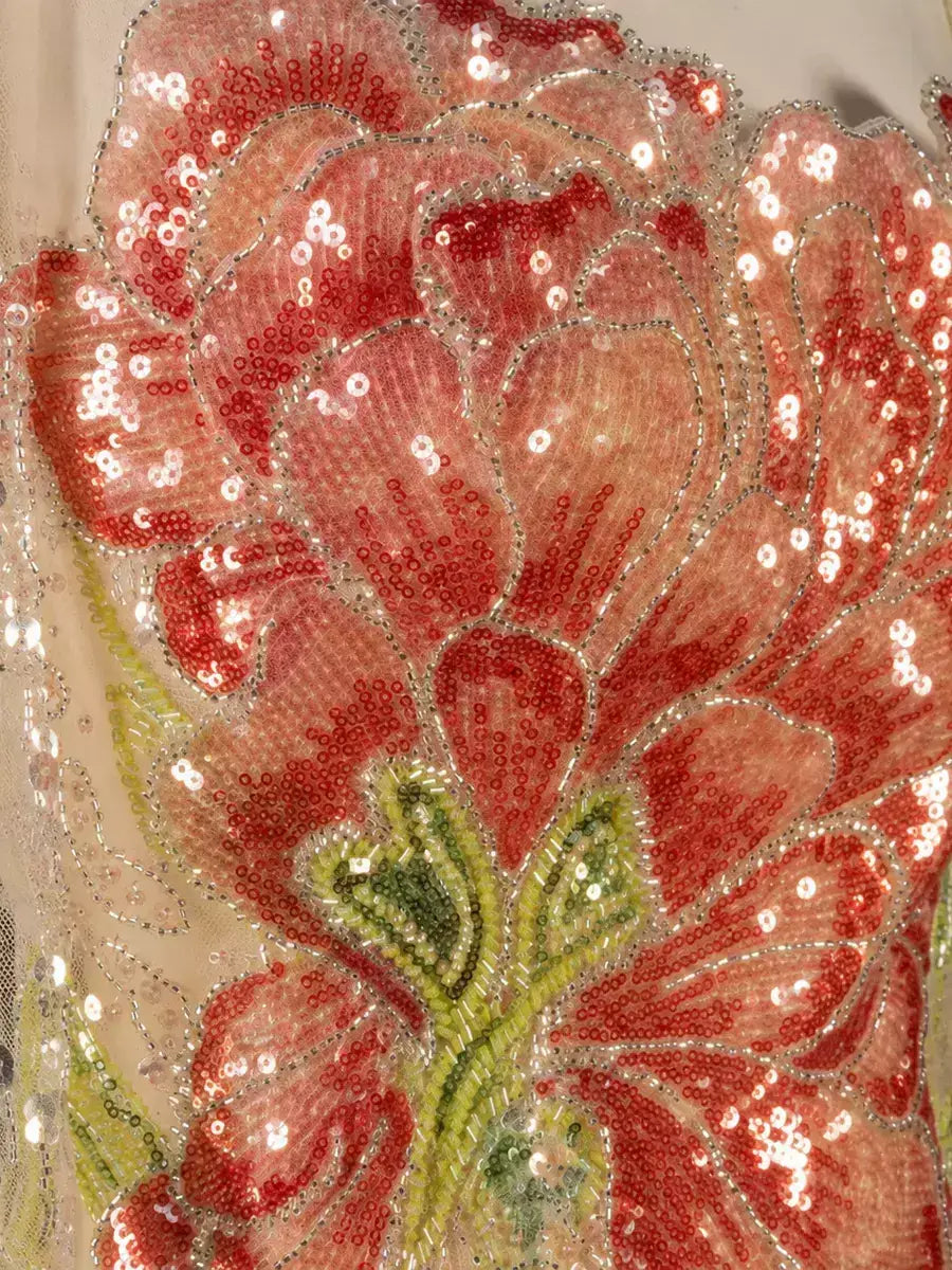 Floral Embellished Strapless Evening Gown with Cape - Dresses
