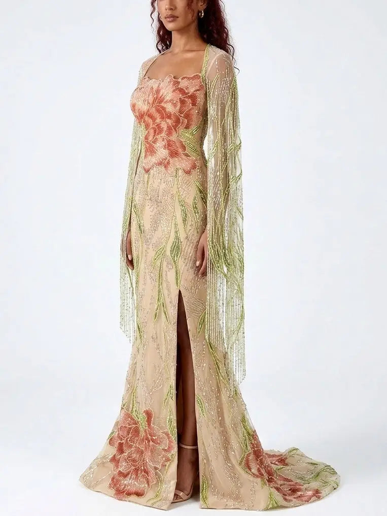 Floral Embellished Strapless Evening Gown with Cape - Dresses
