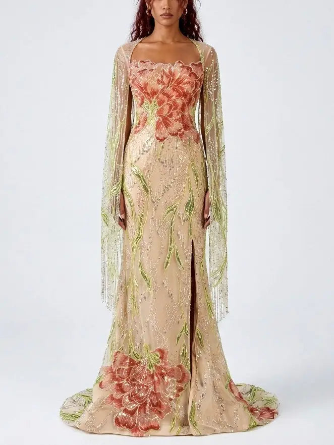 Floral Embellished Strapless Evening Gown with Cape - Dresses