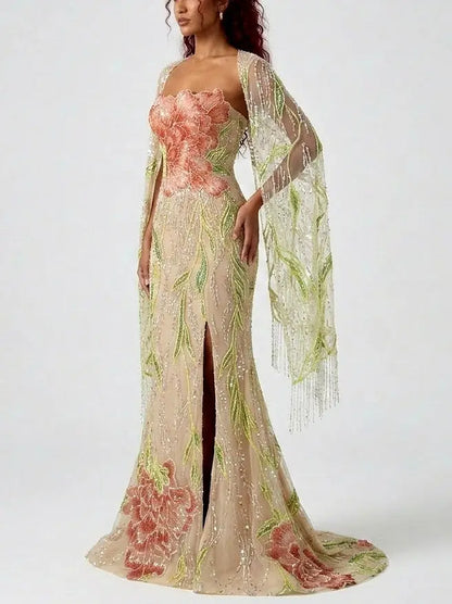 Floral Embellished Strapless Evening Gown with Cape - Dresses