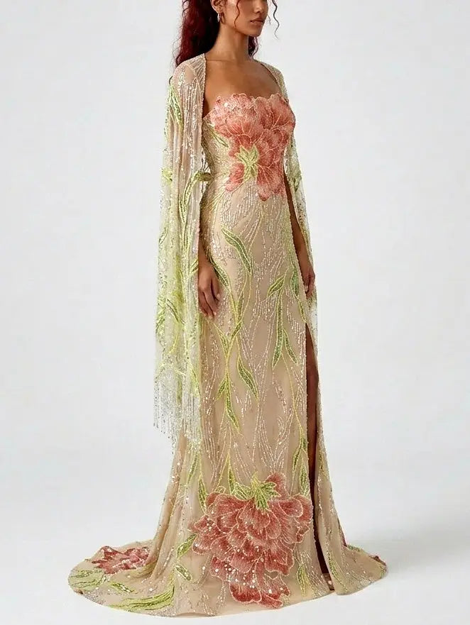 Floral Embellished Strapless Evening Gown with Cape - Dresses