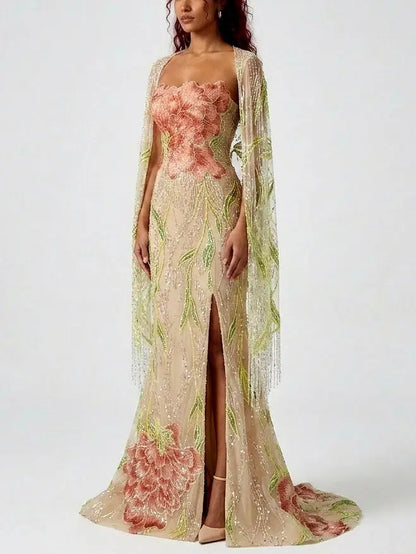 Floral Embellished Strapless Evening Gown with Cape - Dresses
