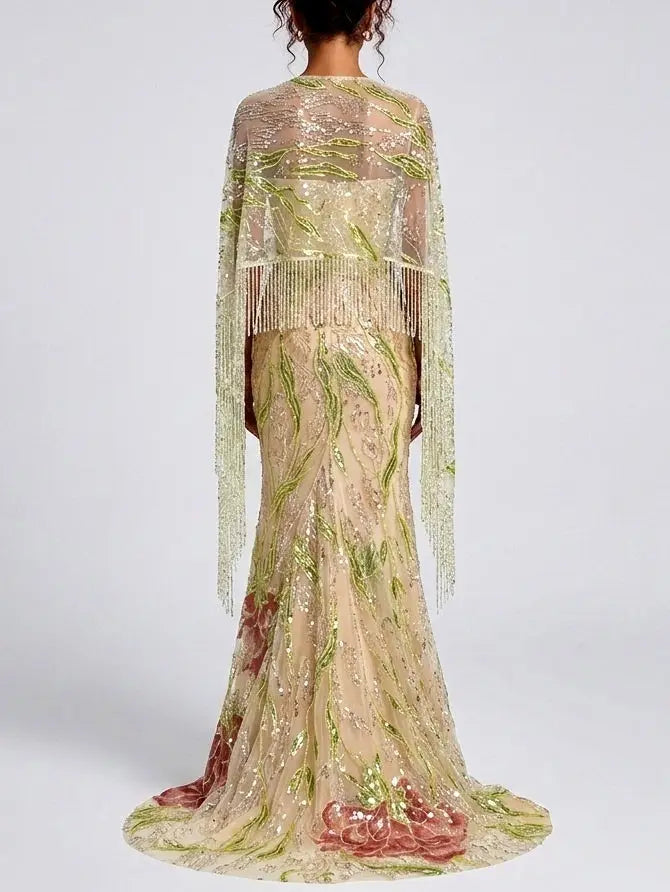 Floral Embellished Strapless Evening Gown with Cape - Dresses