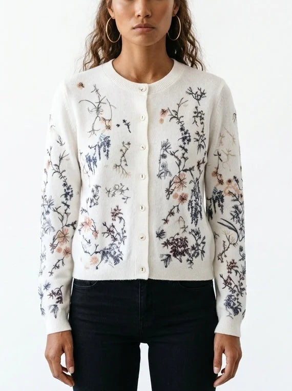 Floral Embroidered Button Front Cashmere Knit Cardigan - Sweaters & Knitwear
