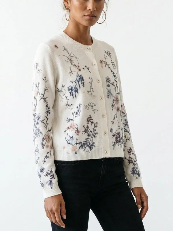 Floral Embroidered Button Front Cashmere Knit Cardigan - Sweaters & Knitwear