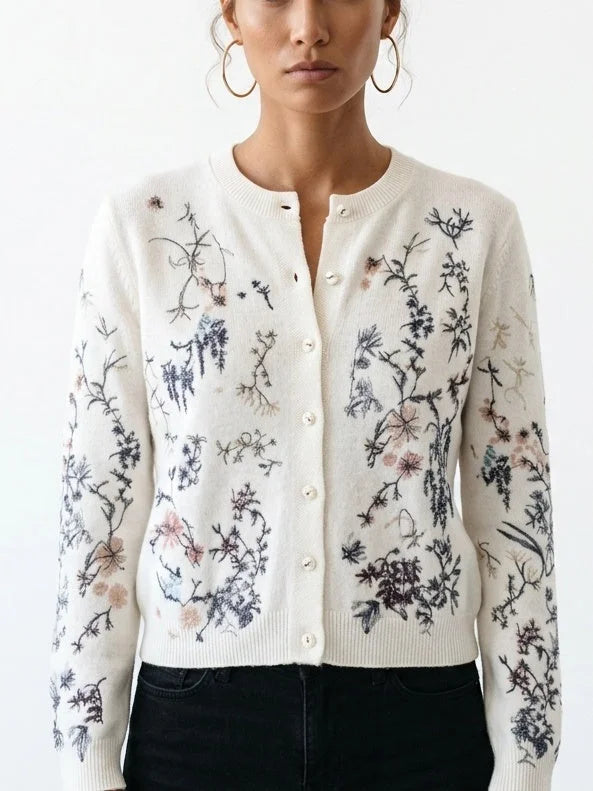 Floral Embroidered Button Front Cashmere Knit Cardigan - Sweaters & Knitwear