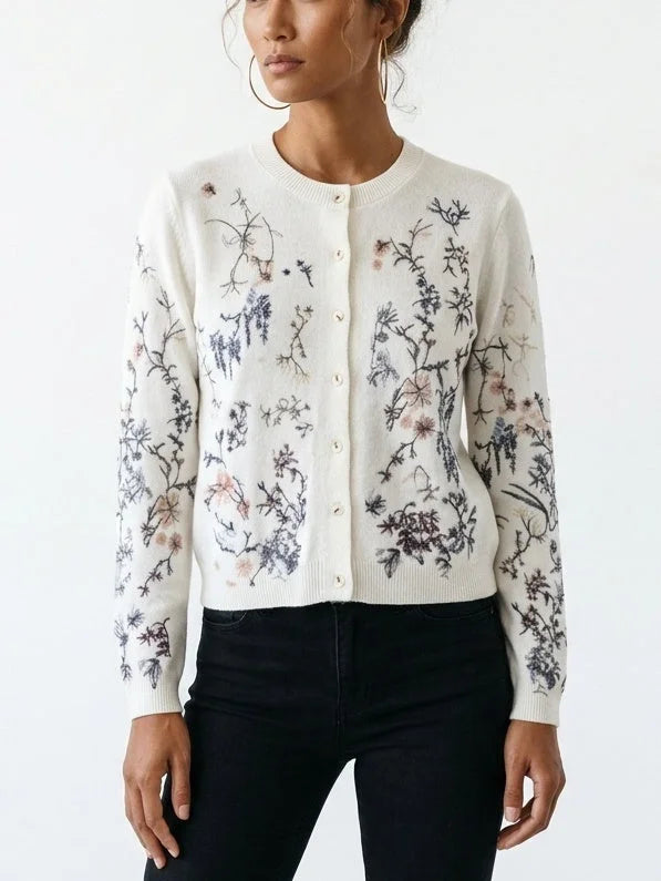 Floral Embroidered Button Front Cashmere Knit Cardigan - Sweaters & Knitwear