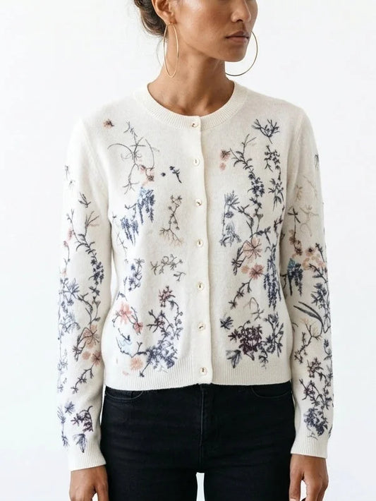 Floral Embroidered Button Front Cashmere Knit Cardigan - Sweaters & Knitwear