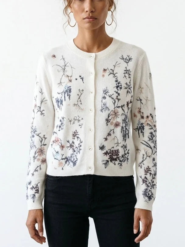 Floral Embroidered Button Front Cashmere Knit Cardigan - Small - Sweaters & Knitwear