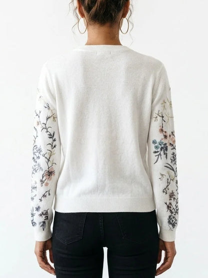Floral Embroidered Button Front Cashmere Knit Cardigan - Sweaters & Knitwear