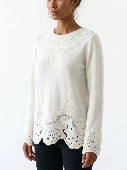 Floral Embroidered Cashmere Sweater with Scalloped Trim - Sweaters & Knitwear